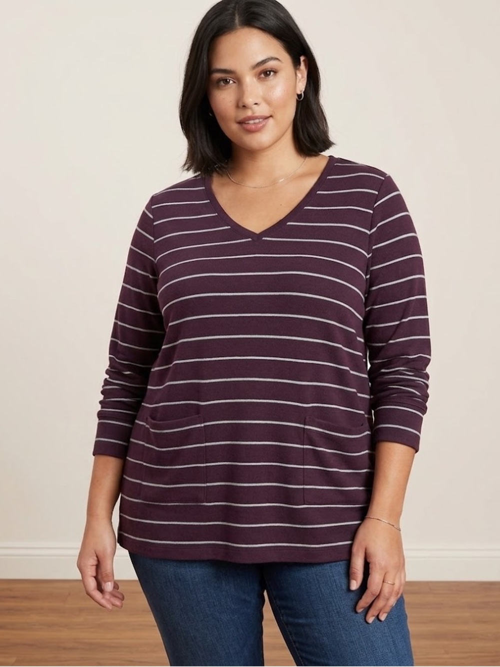 J. Jill Women’s XL Maroon and Mint Striped V-Neck Knit Top
